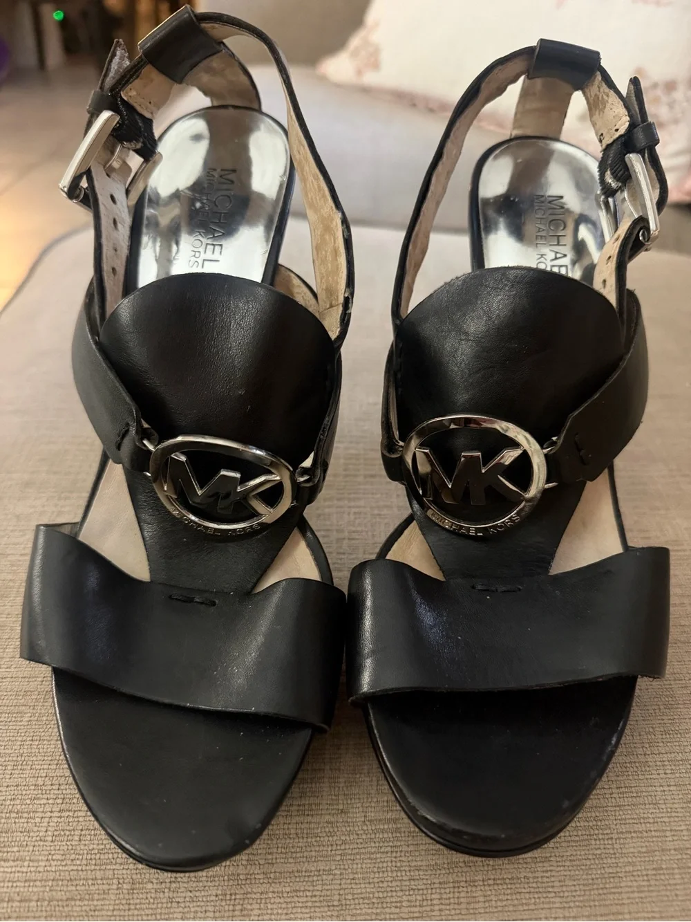 Michael Kors Black Leather MK Medallion Slingback Sandals
